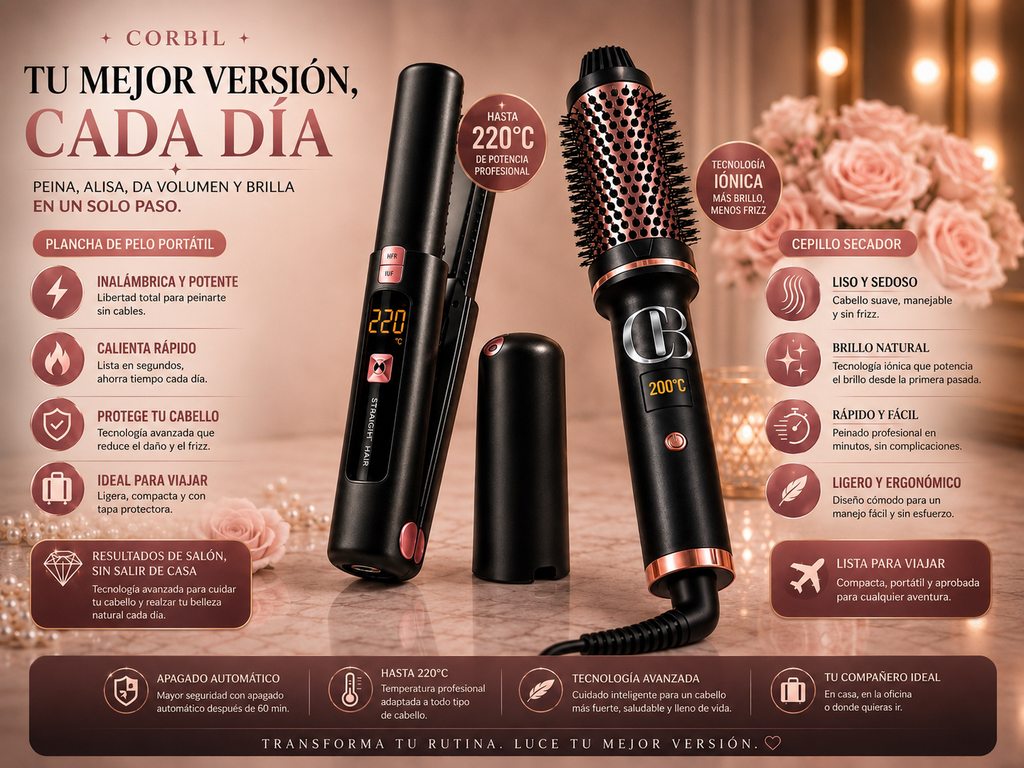 Dúo Profesional CORBIL | Plancha Portátil Inalámbrica + Cepillo Secador Voluminizador